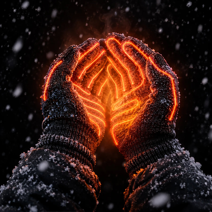 Manos con guantes WARMIX irradiando calor bajo la nieve