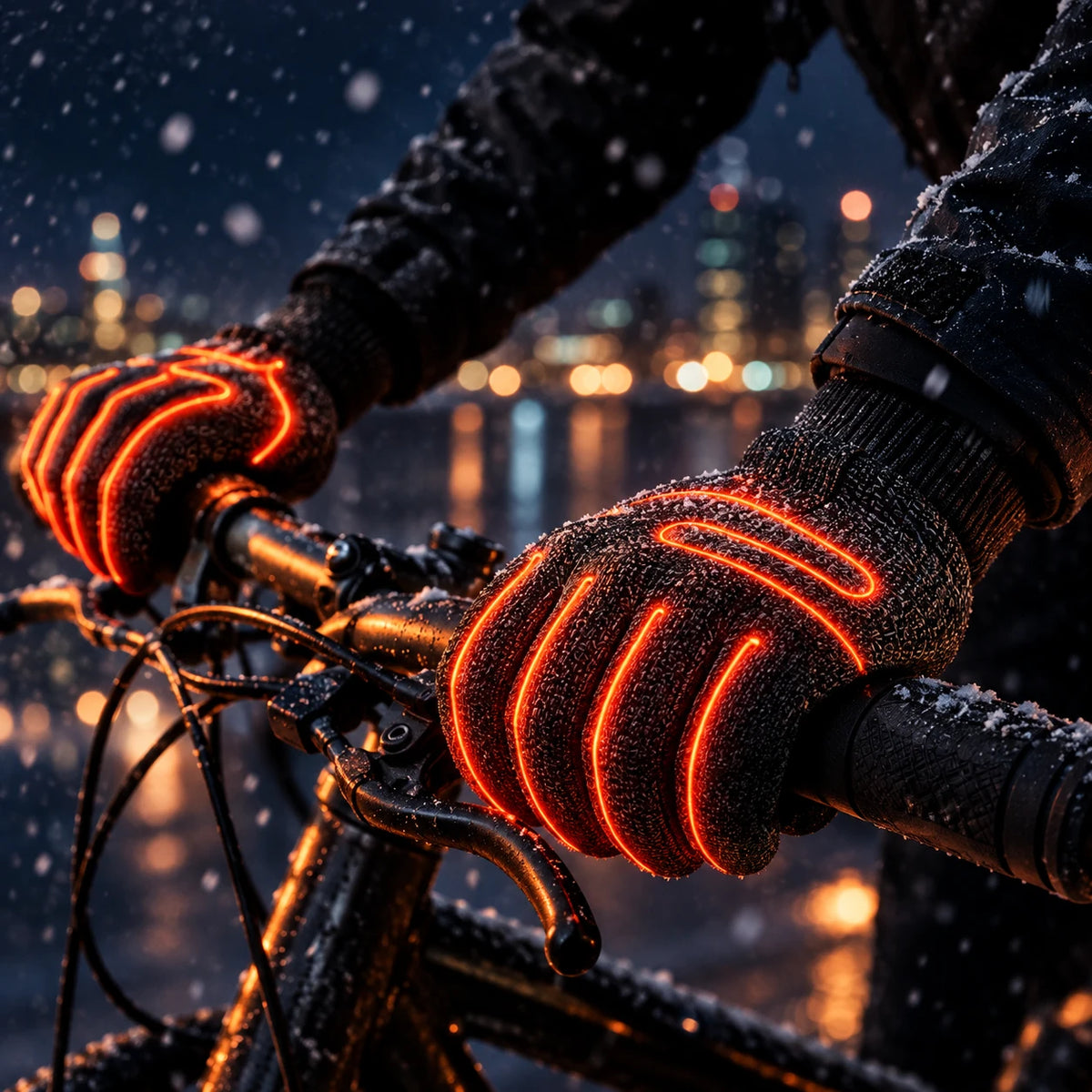 Ciclista con guantes calefactables WARMIX encendidos de noche en la nieve
