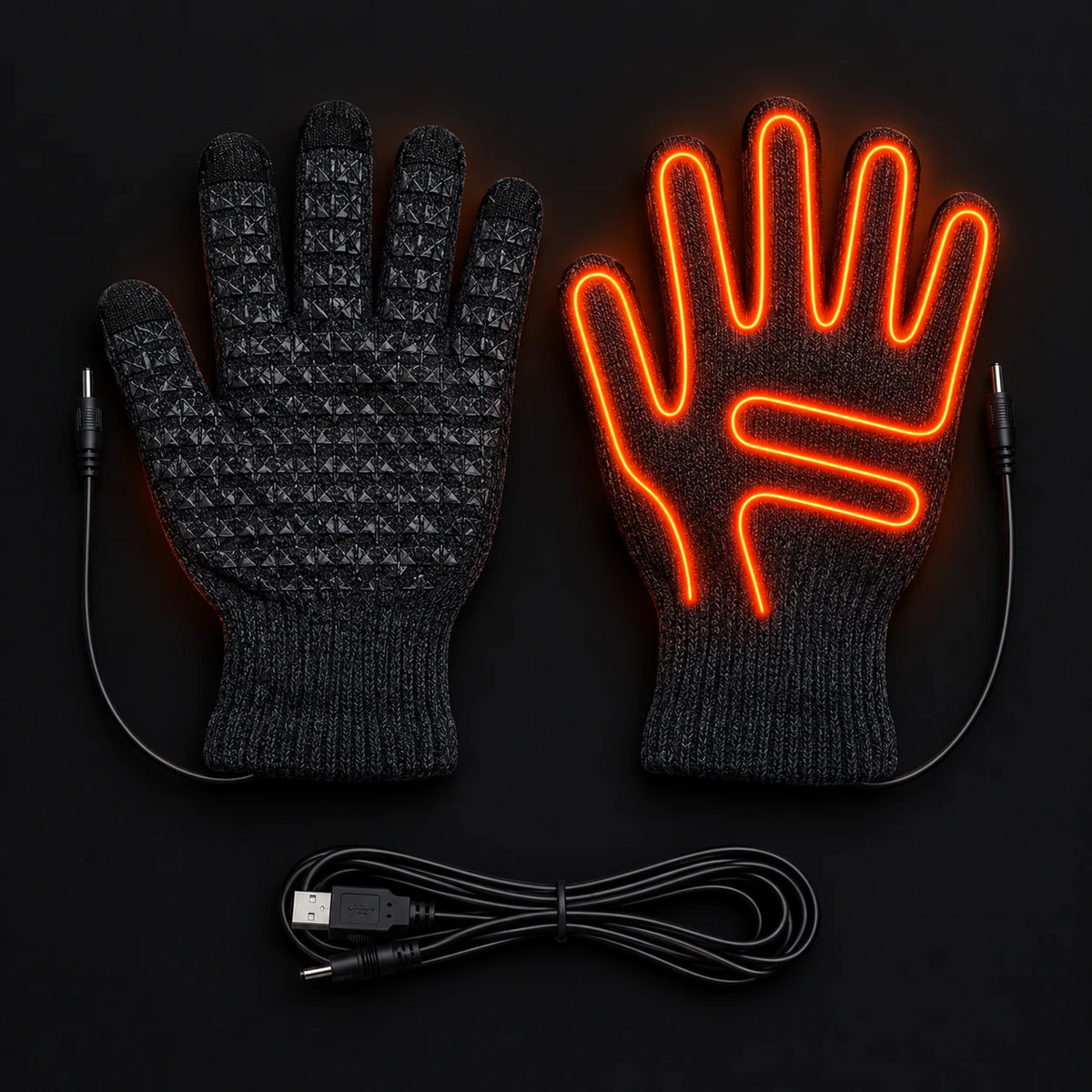 Guantes calefactables WARMIX con el circuito de calor encendido y cable USB