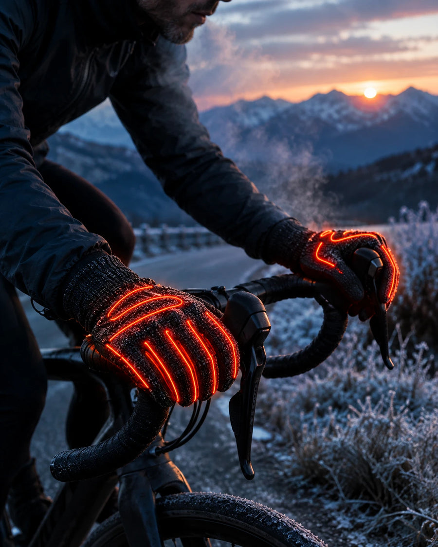 Guantes WARMIX en ruta de bici invernal al amanecer