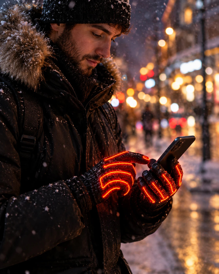 Usando el móvil con los guantes táctiles WARMIX en la ciudad nevada