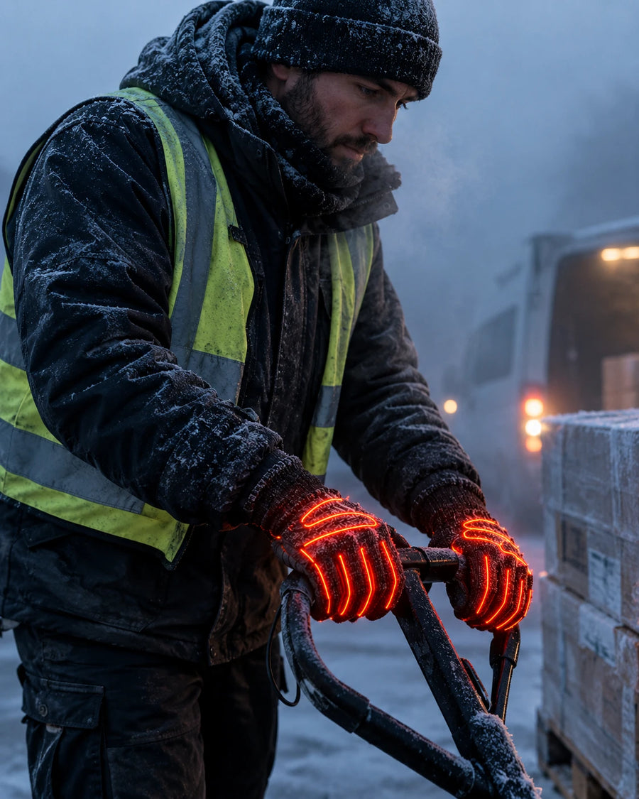 Trabajador al aire libre con guantes calefactables WARMIX